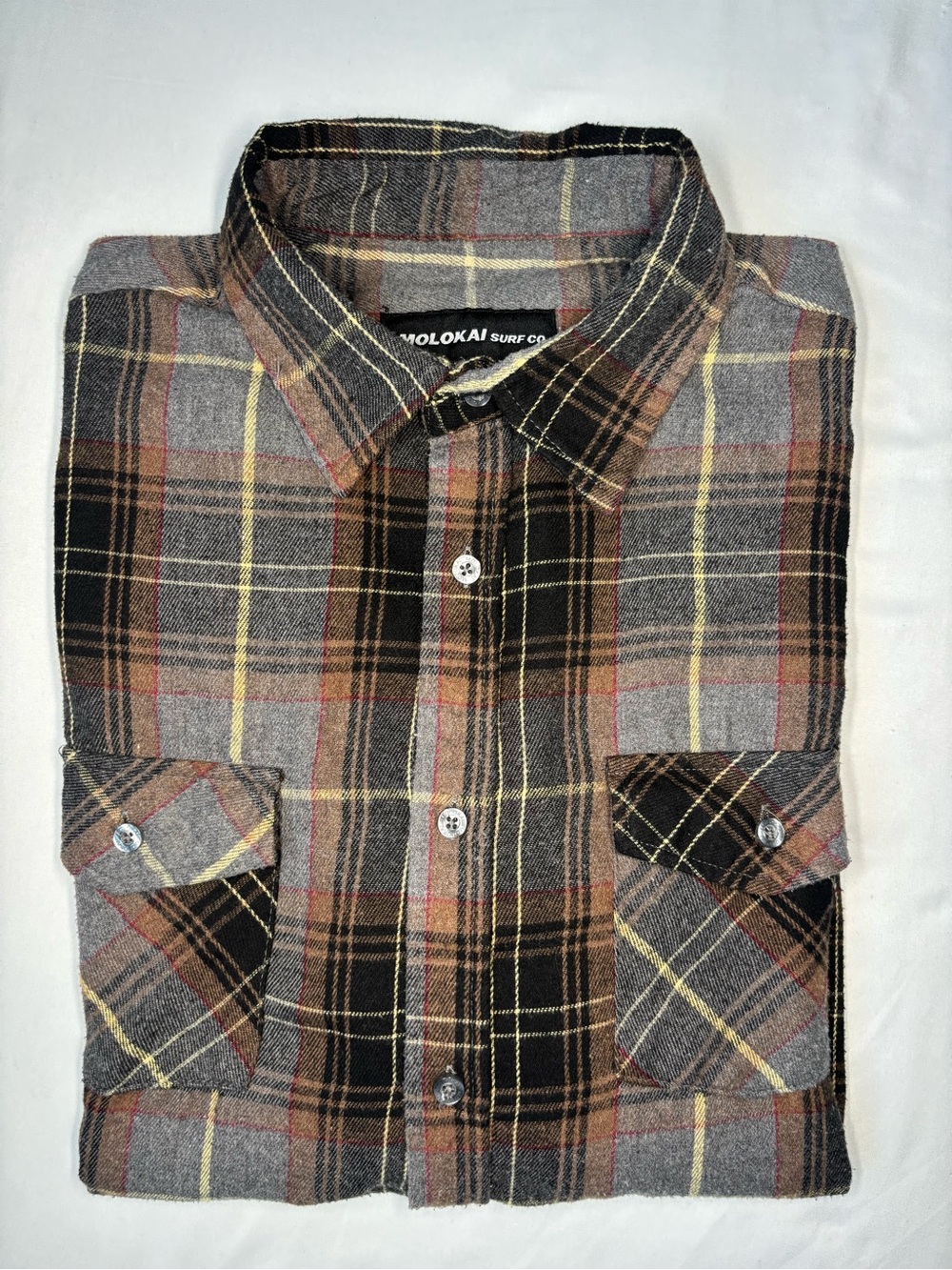 Molokai Gray Brown Plaid Button-Up Flannel Shirt